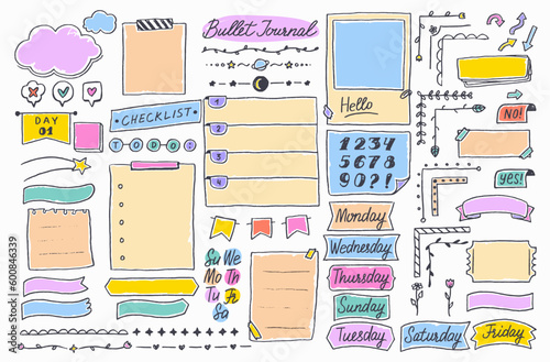 Bullet journal. Doodle diary calendar hand drawn banner or card. Scrapbook blank ribbon and divider, week planner or idea notebook page handwritten vector title ir label, diary calendar sketch sticker