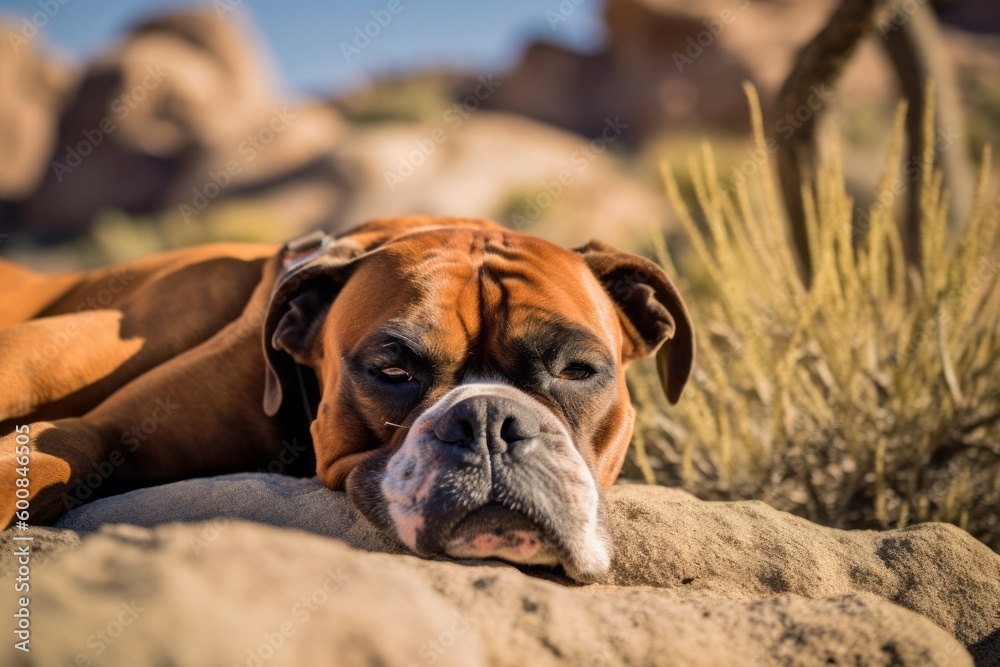 Medium shot portrait photography of an aggressive boxer sleeping against national parks background. With generative AI technology