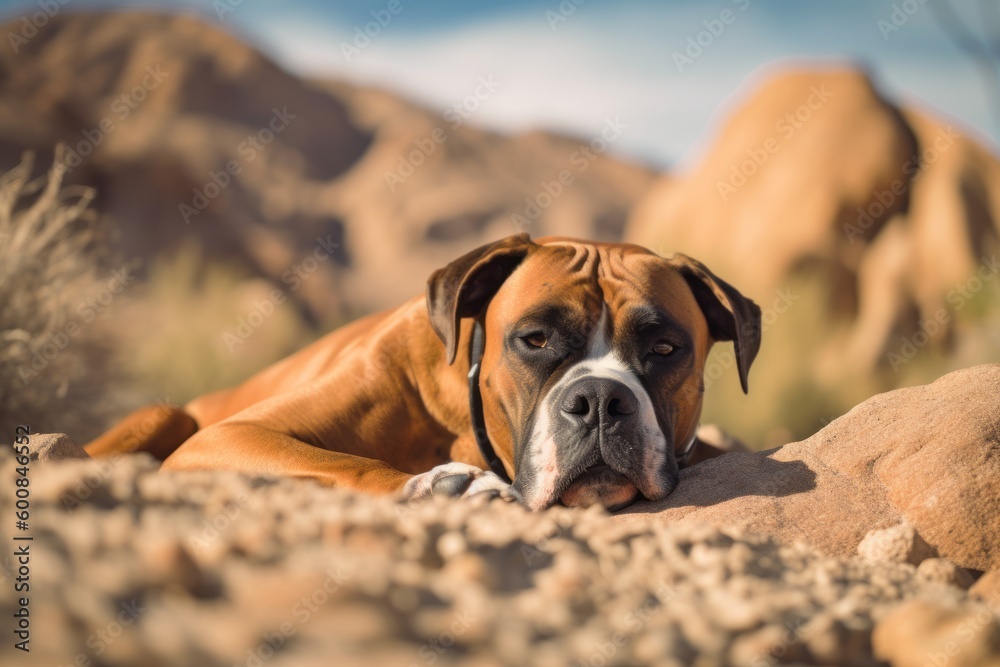 Medium shot portrait photography of an aggressive boxer sleeping against national parks background. With generative AI technology