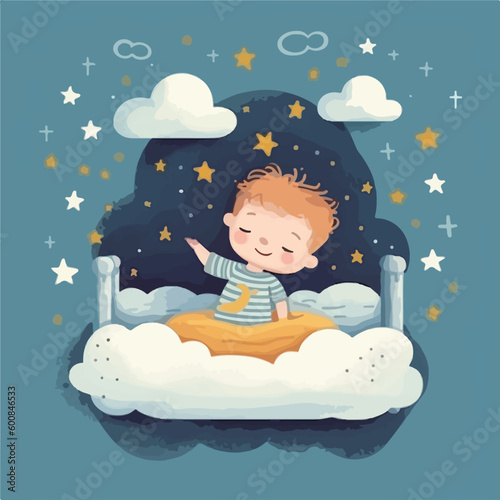 5 years old boy is dreaming during his sleeps over clouds
