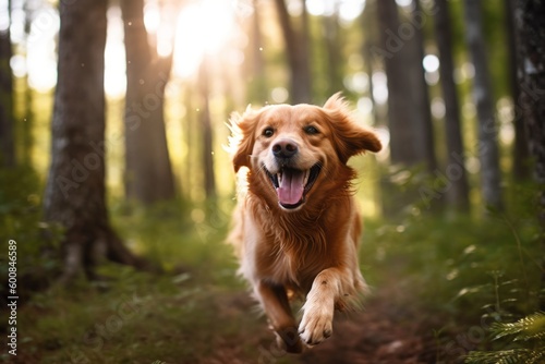 Lifestyle portrait photography of a happy golden retriever rolling against forests and woodlands background. With generative AI technology