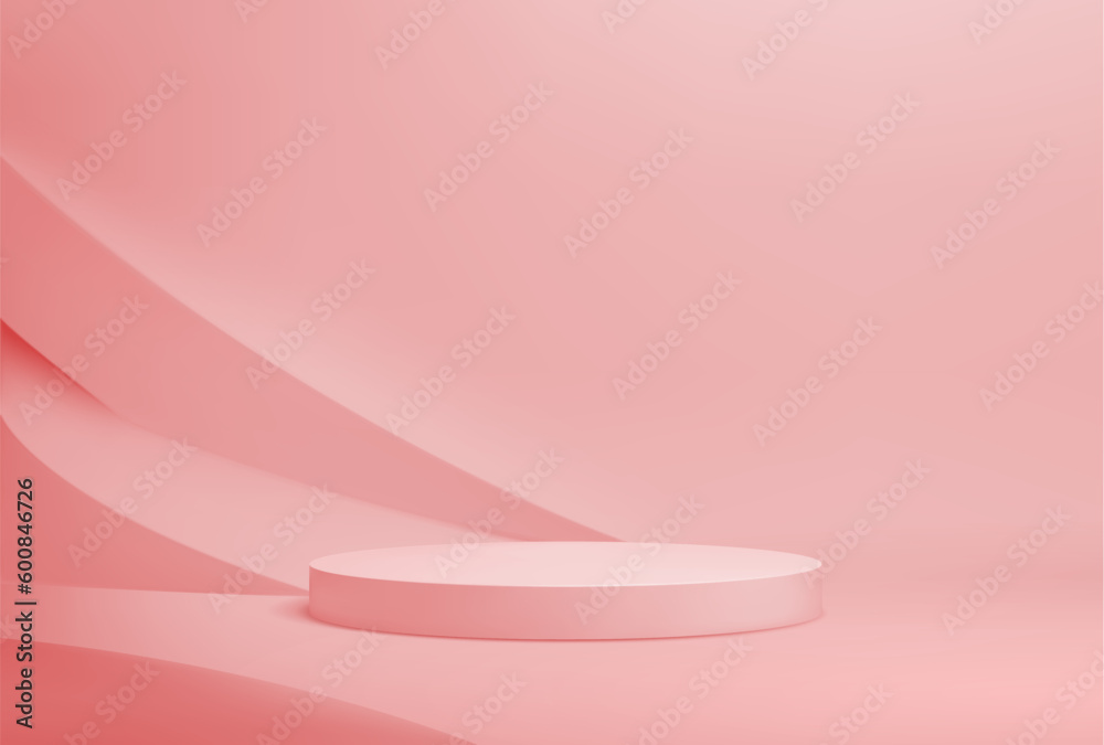 Pink or coral round podium. Fashion shop showcase mockup scene, cosmetics product presentation pedestal. Exhibition gallery space realistic vector pink color background with empty podium - obrazy, fototapety, plakaty 