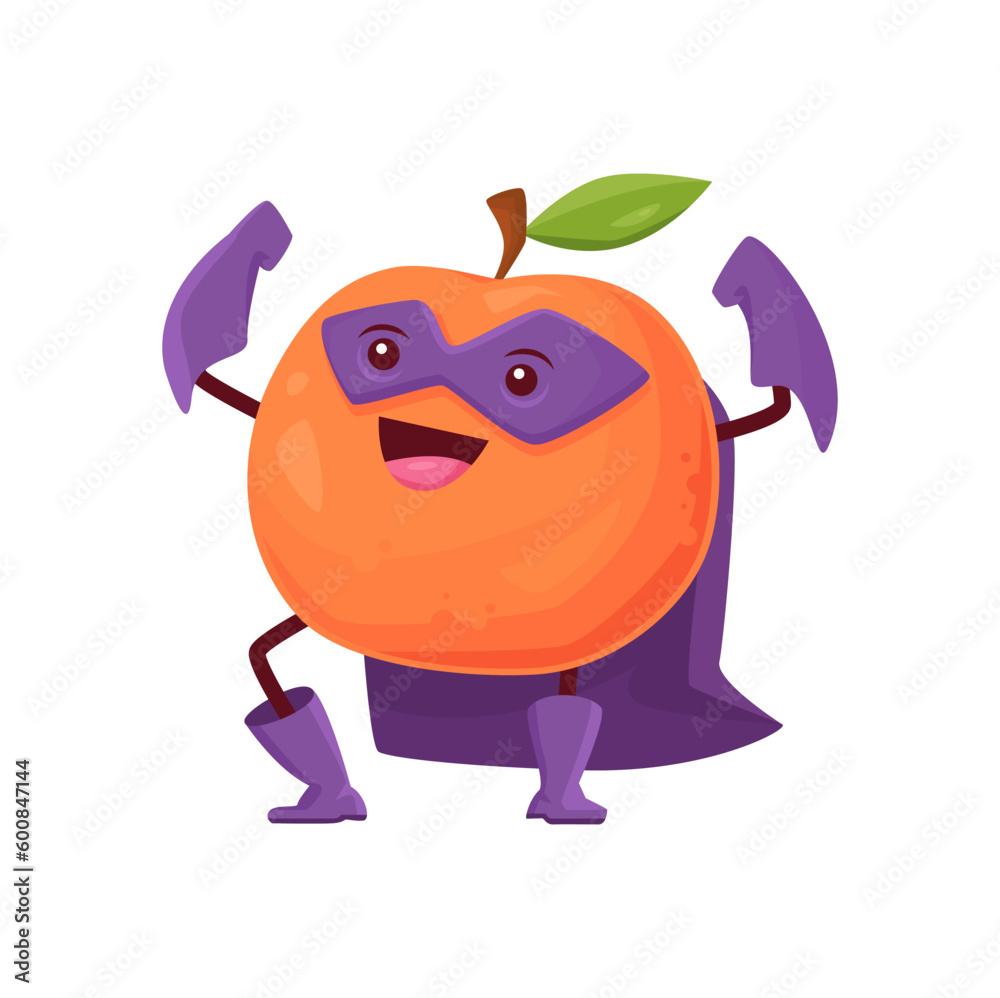 Cartoon orange fruit superhero character. Vector citrus super hero comics book personage in cape, boots, gloves or mask with raised arms. Fairy tale healthy food, isolated funny smiling tropical plant