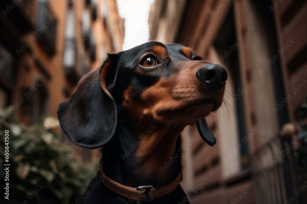 Environmental portrait photography of a curious dachshund being in front of a famous landmark against urban streets and alleys background. With generative AI technology