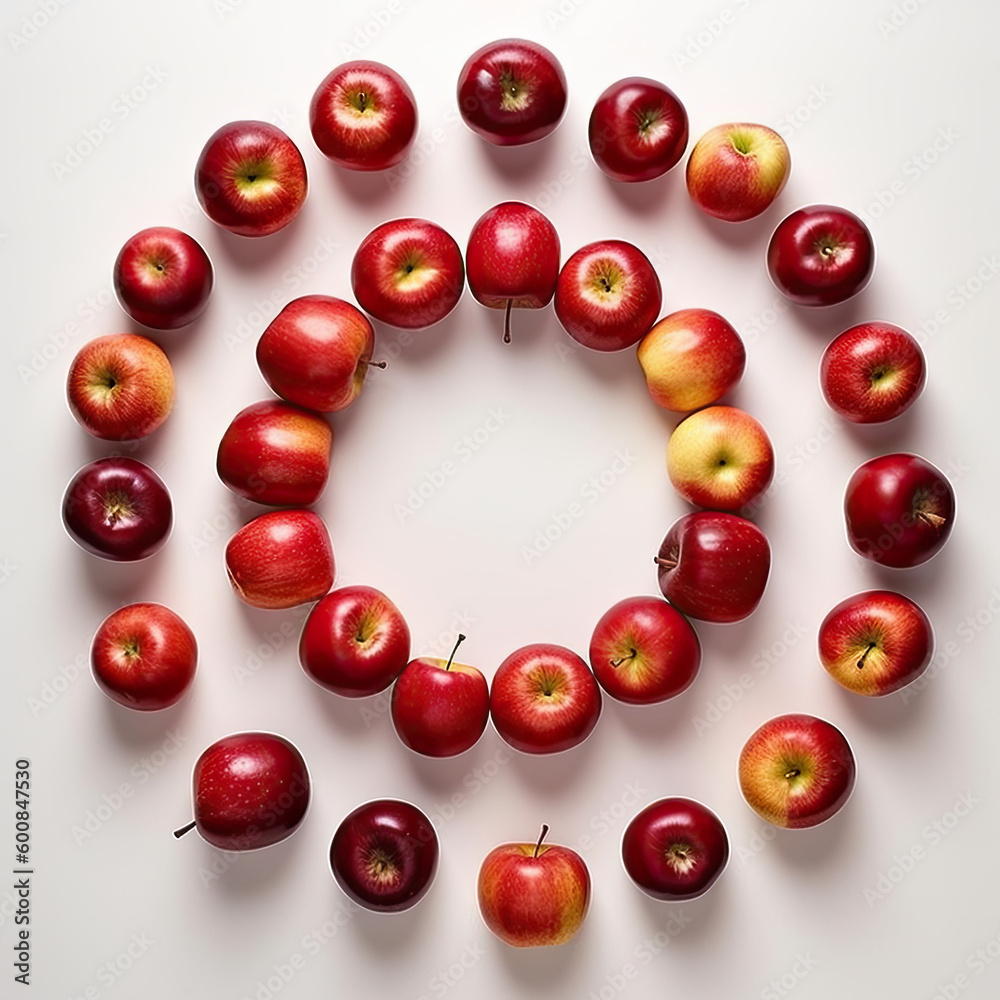 Red and green fresh apples in a circle on a white surface Red and green fresh apples in a circle on a white surface