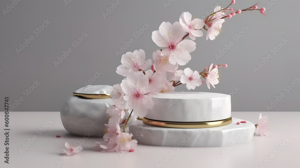Minimal product display stone podium with blossom flowers. Generative ai