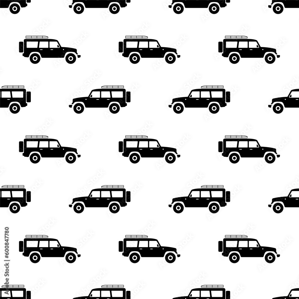 Black SUVs isolated on white background. Monochrome off-road seamless pattern. Vector simple flat graphic illustration. Texture.
