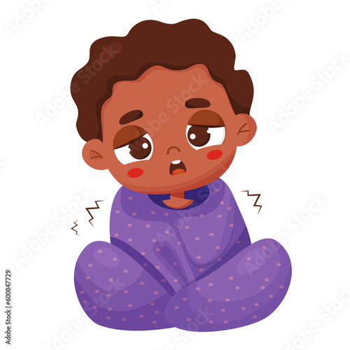 Suffering sick black ethnic boy wrapped in blanket. Vector illustration in cartoon style. Sad child character