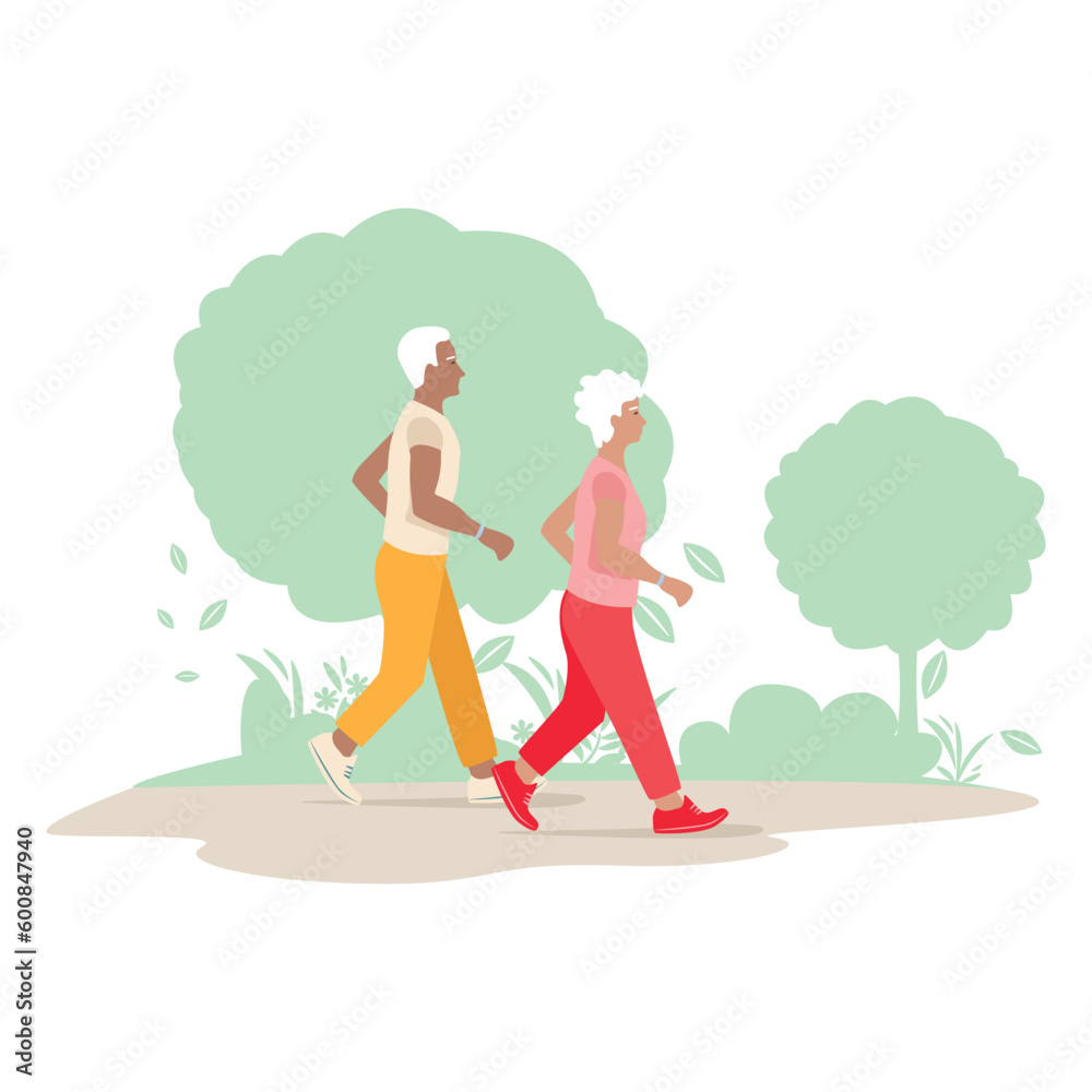 Active senior men and women jogging in the park. Healthy and active lifestyle of the elderly. Flat vector illustrations isolated on white background.