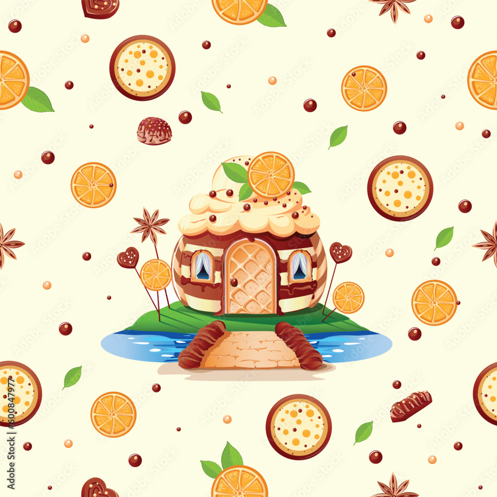 Seamless pattern of confectionery. Delicious and sweet background. Candy land. Chocolate and baked goods. Vector background in cartoon style. Seamless pattern of confectionery. Delicious and sweet background. Candy land. Chocolate and baked goods. Vector background in cartoon style.