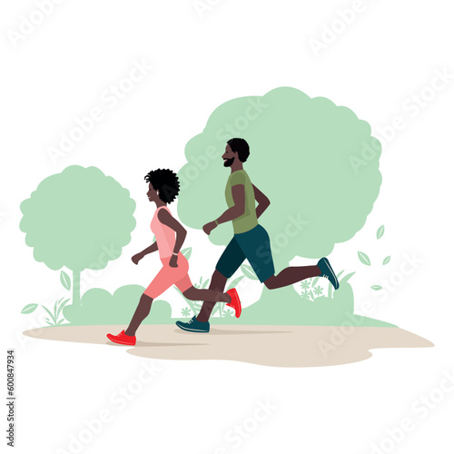 A man and a woman are running in the park. Sports and recreation. Flat vector illustration.