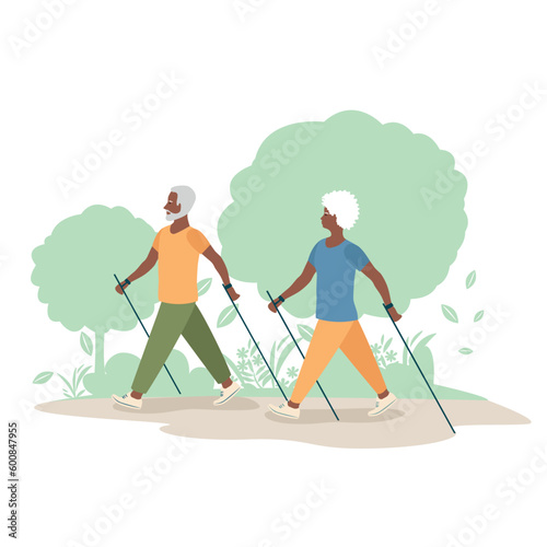 Elderly man and woman doing Nordic walking in the park. Older people go in for sports and lead an active lifestyle. Vector illustration in a flat style on a white background.