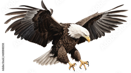 an isolated bald eagle (Haliaeetus leucocephalus), flying in motion and in landing position, elusive, Wildlife-themed, photorealistic illustration on a transparent background PNG. Generative AI 