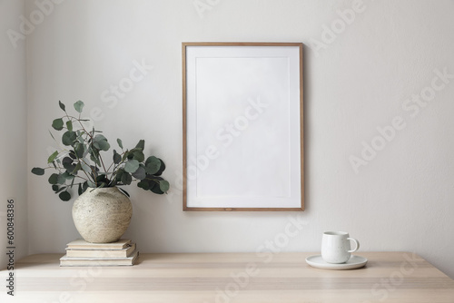 Empty wooden picture frame, poster mockup hanging on beige wall background. Vase with green eucalyptus tree branches on table. Cup of coffee, books. Working space, home office. Modern art display.