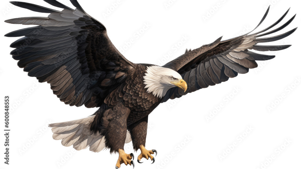 Fototapeta premium an isolated bald eagle (Haliaeetus leucocephalus), flying in motion and in landing position, elusive, Wildlife-themed, photorealistic illustration on a transparent background PNG. Generative AI 