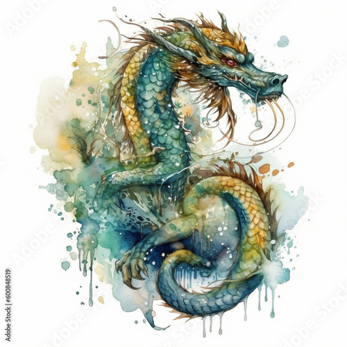 Japanese tattoo style, Dragon, full color ink, line art, white background