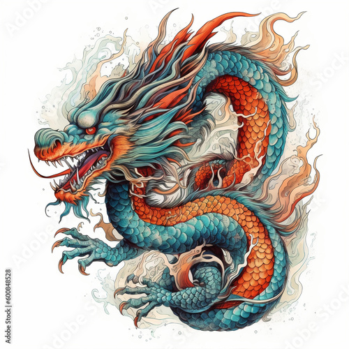 Japanese tattoo style, Dragon, full color ink, line art, white background