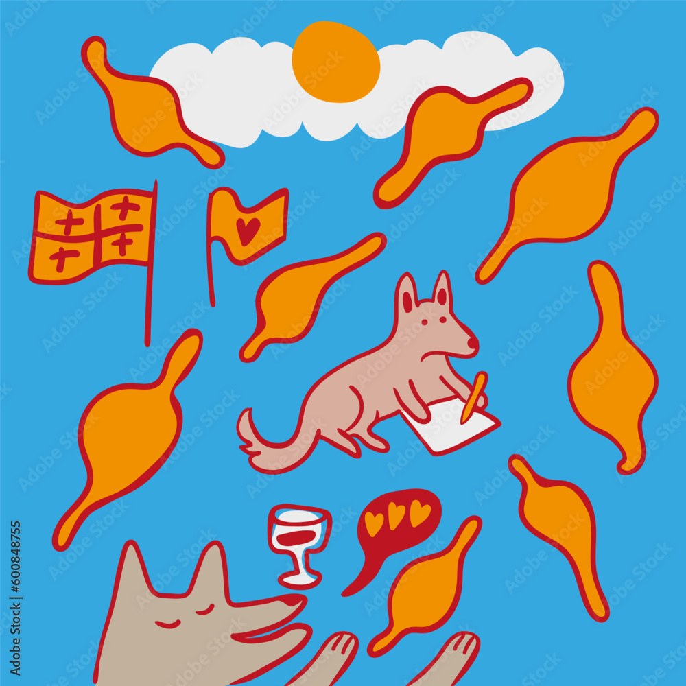 Fototapeta premium pose and draw abstract poster template in vector.georgian bread sun cloud glass of wine in flat style for design.dog characters sketching.dog drawing on paper.outline georgia.