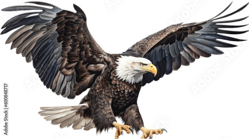 an isolated bald eagle  Haliaeetus leucocephalus   flying in motion and in landing position  elusive  Wildlife-themed  photorealistic illustration on a transparent background PNG. Generative AI 