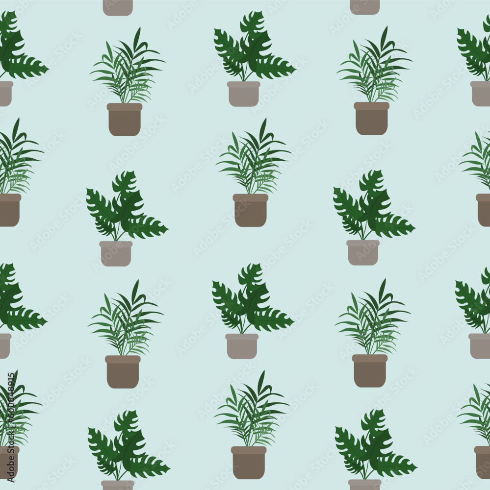 Home plant in pot, cute flat cartoon illustration. Pattern