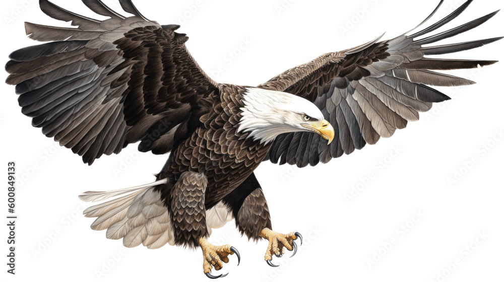 Obraz premium an isolated bald eagle (Haliaeetus leucocephalus), flying in motion and in landing position, elusive, Wildlife-themed, photorealistic illustration on a transparent background PNG. Generative AI 