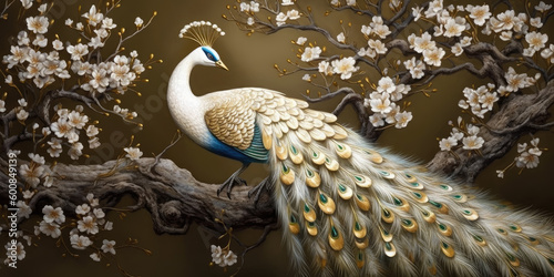 3d mural background white peacock on  branch photo