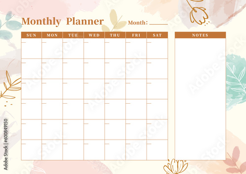 Elegant Style Beige Watercolor Brush Background.Pastel Spray Ink Flowers Leaves Monthly Calendar Monthly Planner.Vector hand drawn illustration.