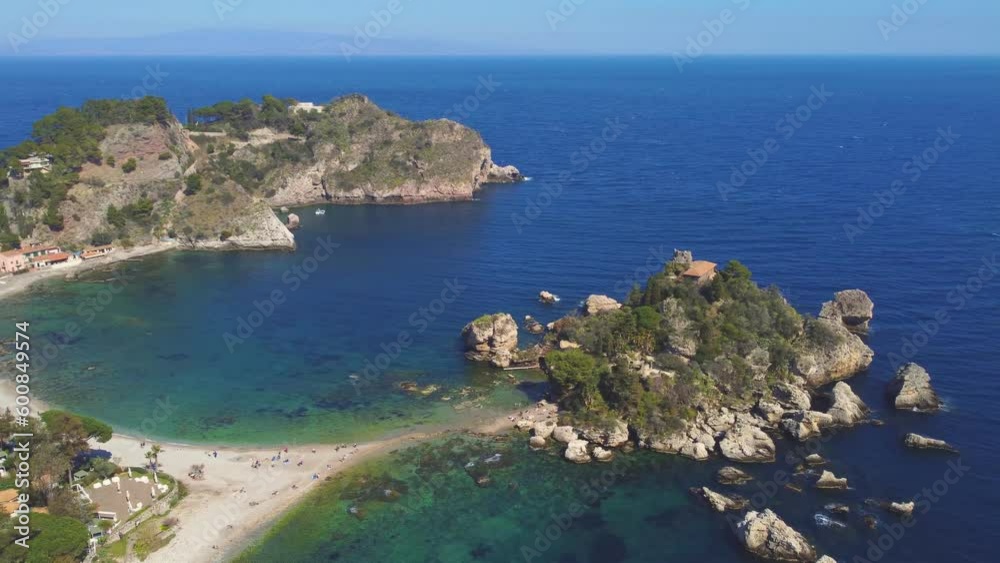 Aerial view of summer beach and sea in Taormina, Sicily, Italy, Europe Aerial view of summer beach and sea in Taormina, Sicily, Italy, Europe