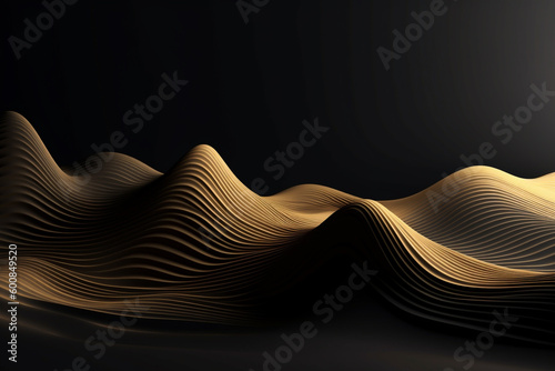 Abstract waves background. Holographic twisted wave in motion. Black and golden colored gradient design elements with copy space. Generative AI
