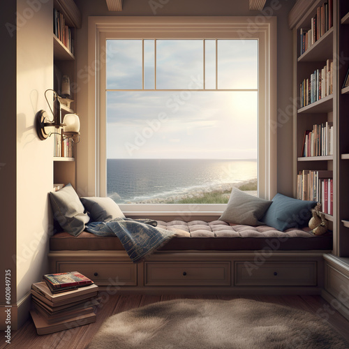 Cosy reading corner with bench, book shelves by large vindow with relaxing view, Generative AI Norvegian house interior photo