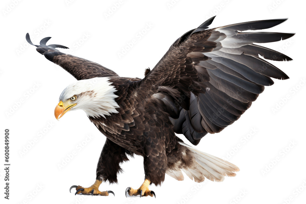 Fototapeta premium an isolated bald eagle (Haliaeetus leucocephalus), flying in motion and in landing position, elusive, Wildlife-themed, photorealistic illustration on a transparent background PNG. Generative AI 