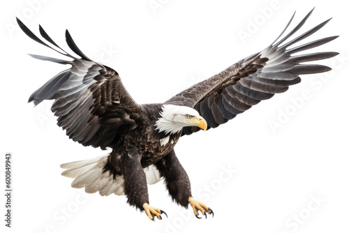 an isolated bald eagle  Haliaeetus leucocephalus   flying in motion and in landing position  elusive  Wildlife-themed  photorealistic illustration on a transparent background PNG. Generative AI 