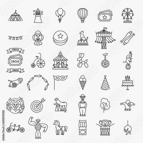Circus Line Icons Set. Vector Thin Outline Festival Symbols.