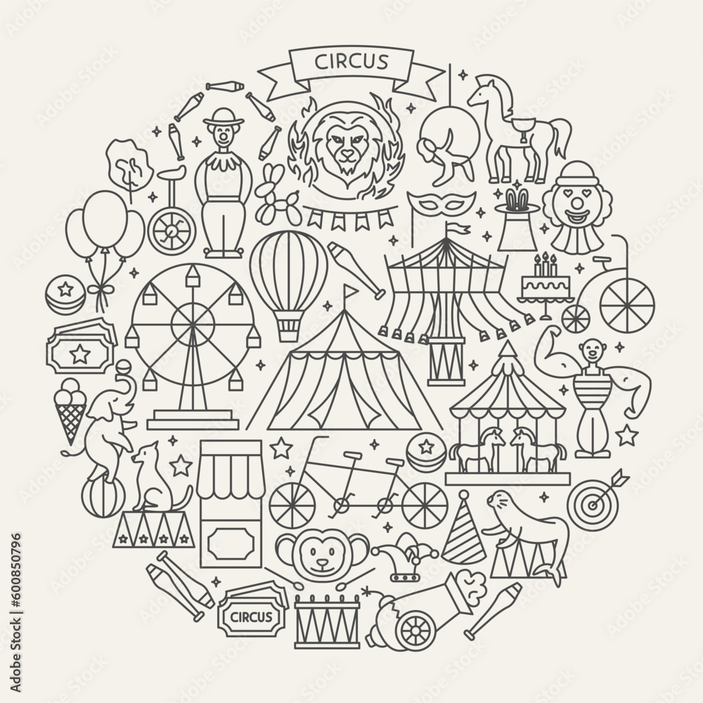 Circus Line Icons Circle. Vector Illustration of Outline Design.