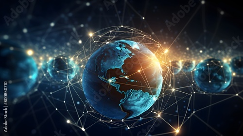 Map connecting the world  A global network illuminated with communication technology. 