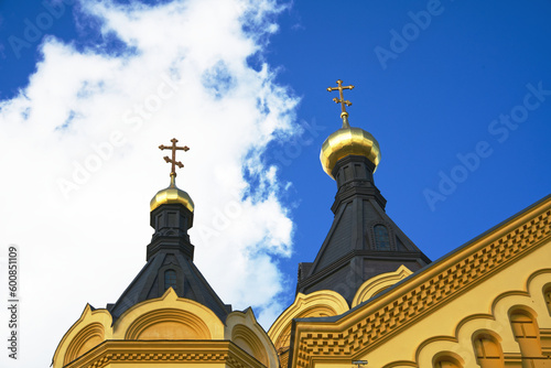 Nizhniy Novgorod, Russian Federation, April 27, 2023, domes of churches against the blue sky