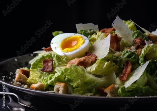 Caesar salad with tangy lemon dressing, crunchy bacon bits, and boiled egg slices