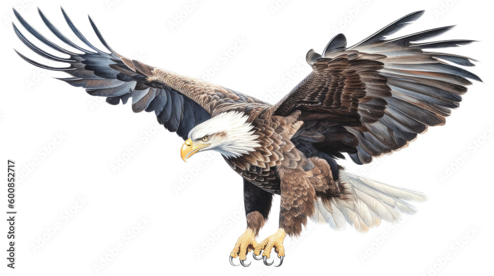 Fototapeta premium an isolated bald eagle (Haliaeetus leucocephalus), flying in motion and in landing position, elusive, Wildlife-themed, photorealistic illustration on a transparent background PNG. Generative AI 