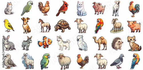 Fototapeta Naklejka Na Ścianę i Meble -  Collage of huge variety of cartoon stickers of domestics animals over white background. Generative AI illustration