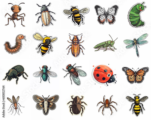 Cartoon stickers of different types of insects over white background. Generative AI illustration © Pajaros Volando