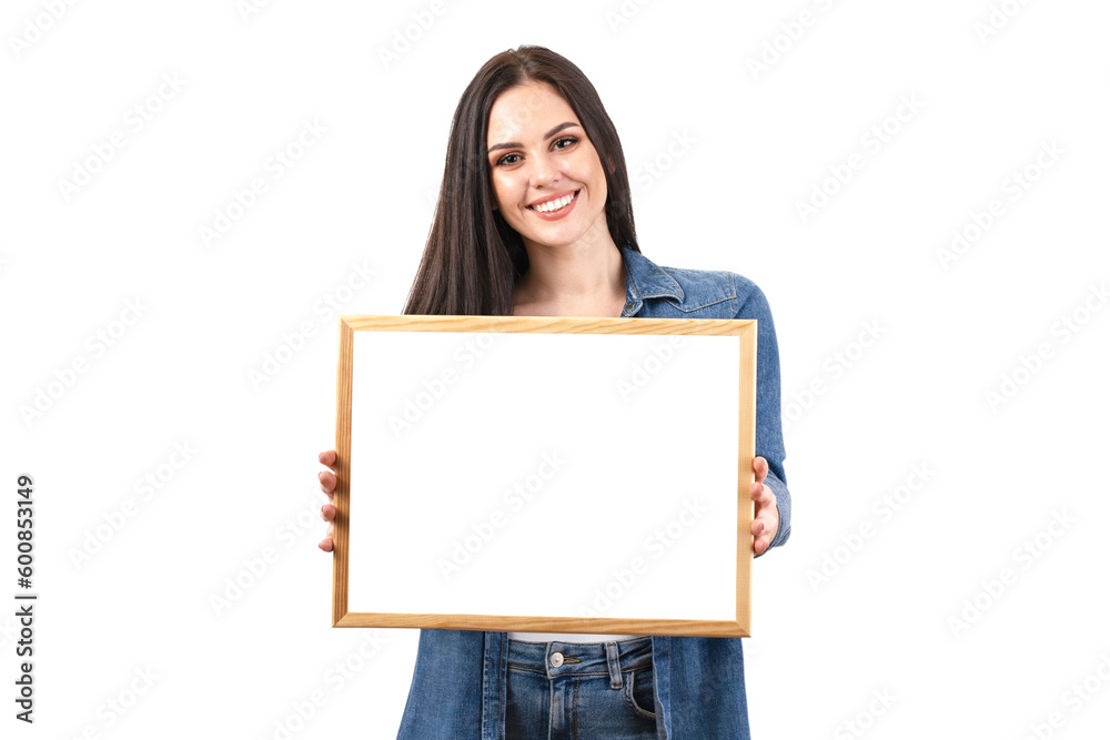 Happy smiling woman holding poster. Beautiful girl shows advertisement Happy smiling woman holding poster. Beautiful girl shows advertisement