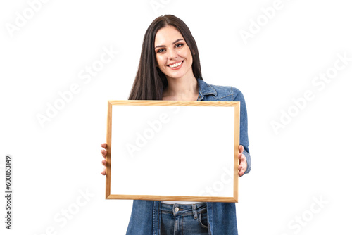 Happy smiling woman holding poster. Beautiful girl shows advertisement