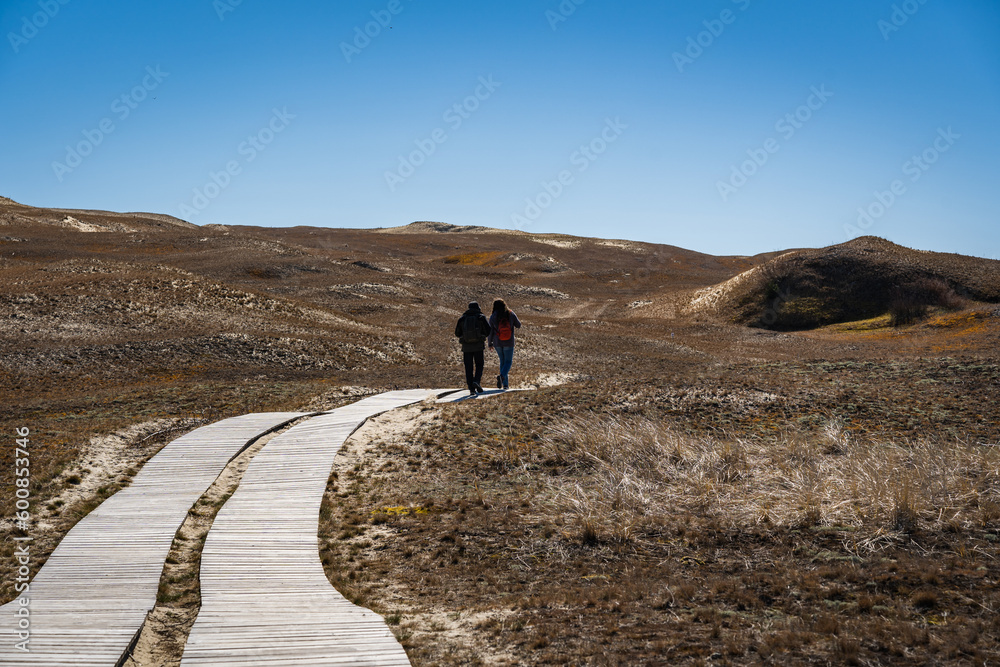 A couple in the distance walks along a wooden footpath on the Dead Dunes, or Grey Dunes, Curonian Spit, Neringa, Lithuania