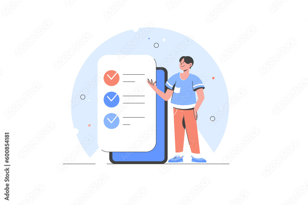 Man marking completed tasks on to-do list. Concept of time management, work planning method, organization. Mark checklist. Finishing project tasks, work done conclusion, process plan concept flat Man marking completed tasks on to-do list. Concept of time management, work planning method, organization. Mark checklist. Finishing project tasks, work done conclusion, process plan concept flat