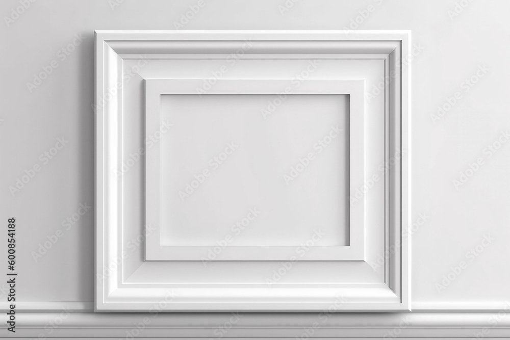 Generative AI illustration of Blank white wall with empty wooden frame,wide mockup Generative AI illustration of Blank white wall with empty wooden frame,wide mockup