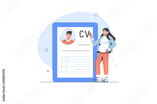 Holding cv form choosing resume new job vacancy curriculum vitae recruitment candidate concept cartoon character flat illustration Concept 