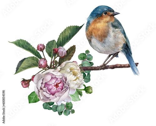 Watercolor blue bird sit on blooming spring flowers brunch  and green leaves. Watercolor hand drawn illustration with blooming apple tree. Pink cherry flower. Vintage style.