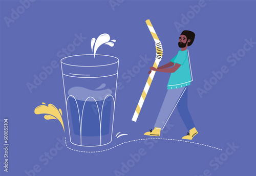Young African Man calls to drink a lot of water in flat design on white blue. Water balance. Drink more water for good health. 