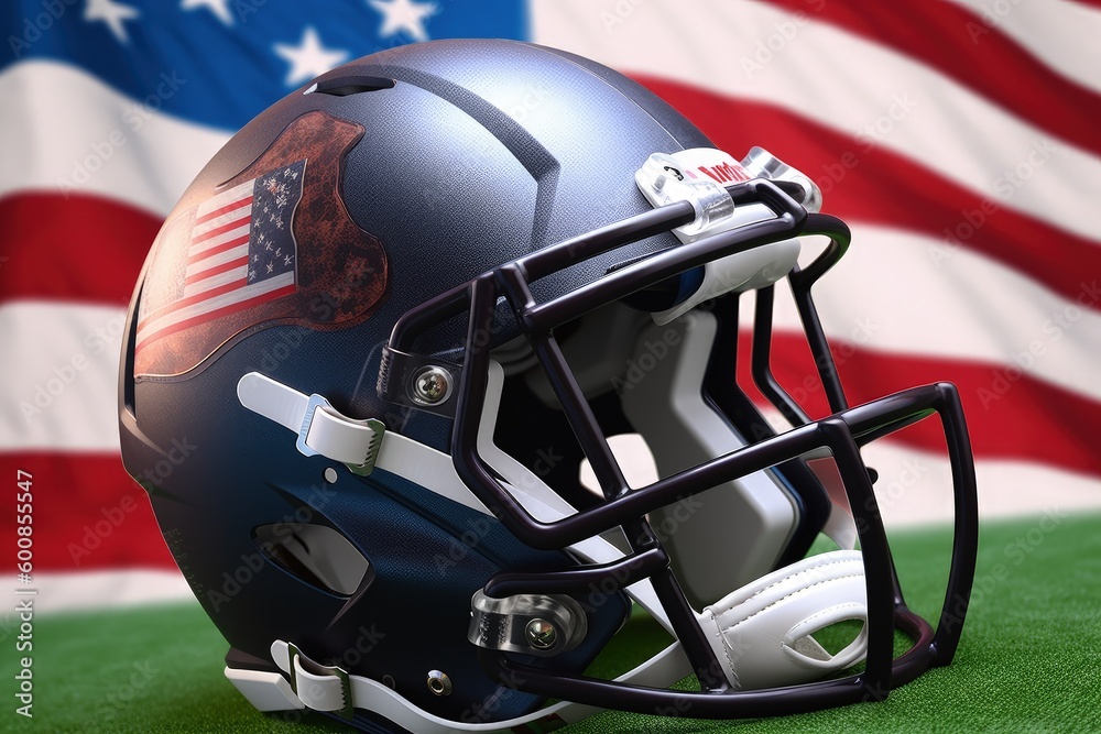 American football helmet with American flag, stadium and grass, digital illustration. Generative AI American football helmet with American flag, stadium and grass, digital illustration. Generative AI