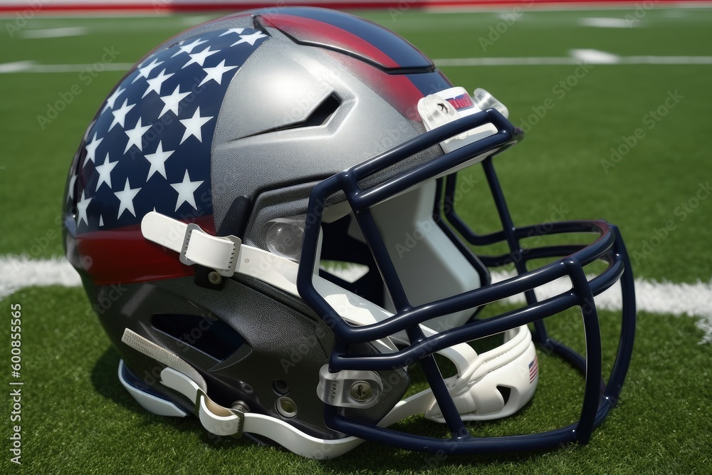 American football helmet with American flag, stadium and grass, digital illustration. Generative AI